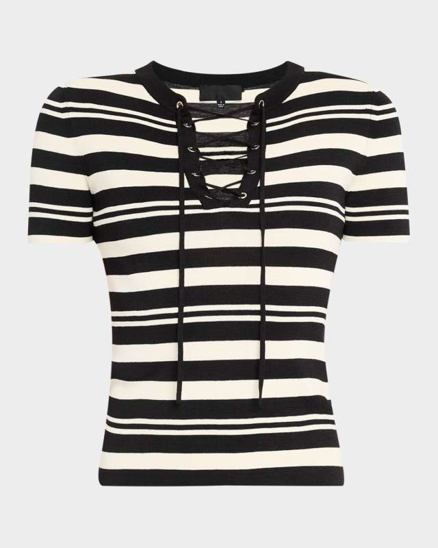 Oaklynn Stripe Lace-Up Silk T-Shirt